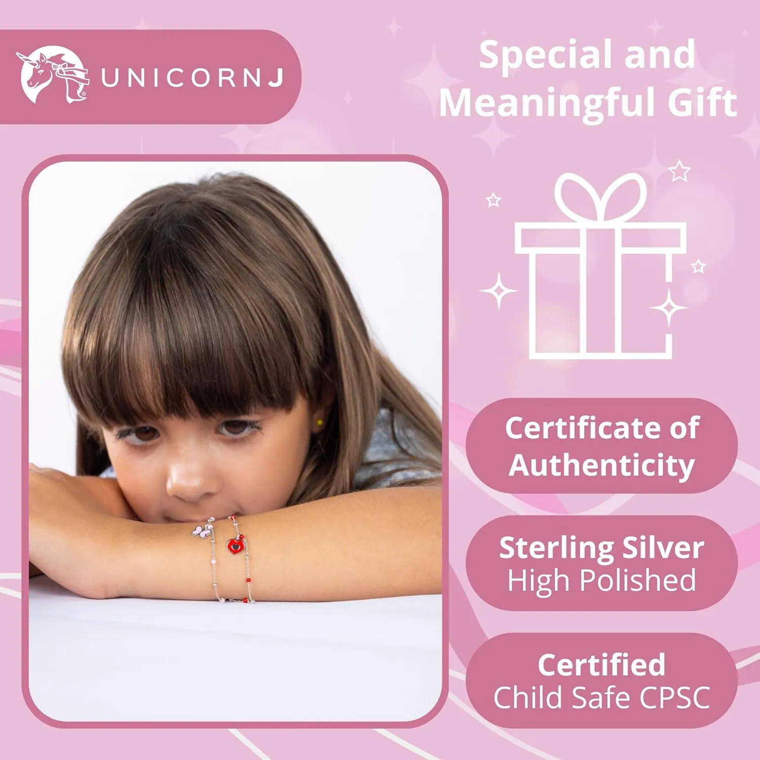 UNICORNJ Sterling Silver Kids Bracelet for Girls Heart Butterfly Charm Enamel Hand Painted | Made in Italy | Bead Chain 6.25"