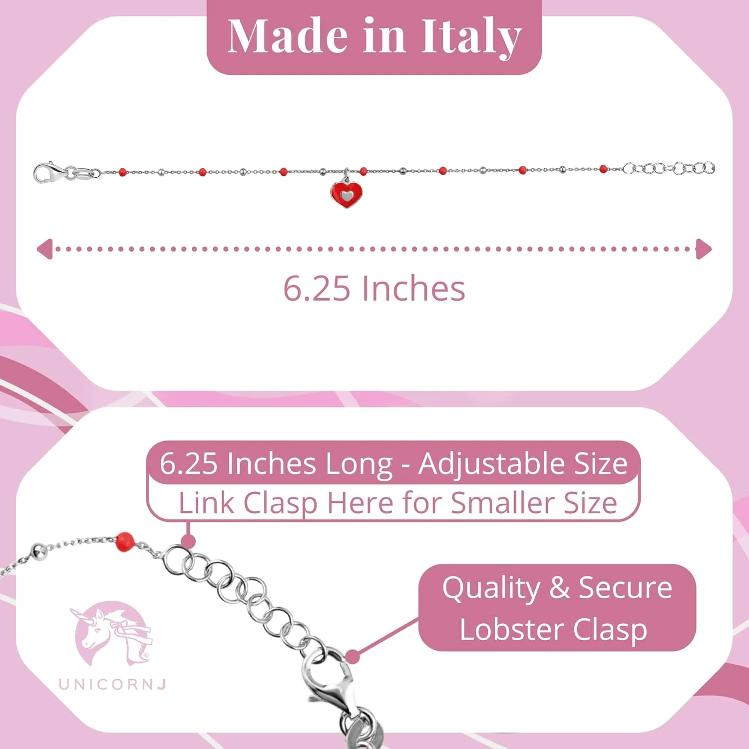UNICORNJ Sterling Silver Kids Bracelet for Girls Heart Butterfly Charm Enamel Hand Painted | Made in Italy | Bead Chain 6.25"