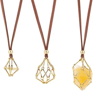UNICRAFTALE 3Pcs 3 Sizes Adjustable Crystal Necklace Holder Empty Stone Holder Faux Suede Cord Necklace with Golden Empty Crystal Cage Brass Macrame Pouch for DIY Pendant Necklaces Making