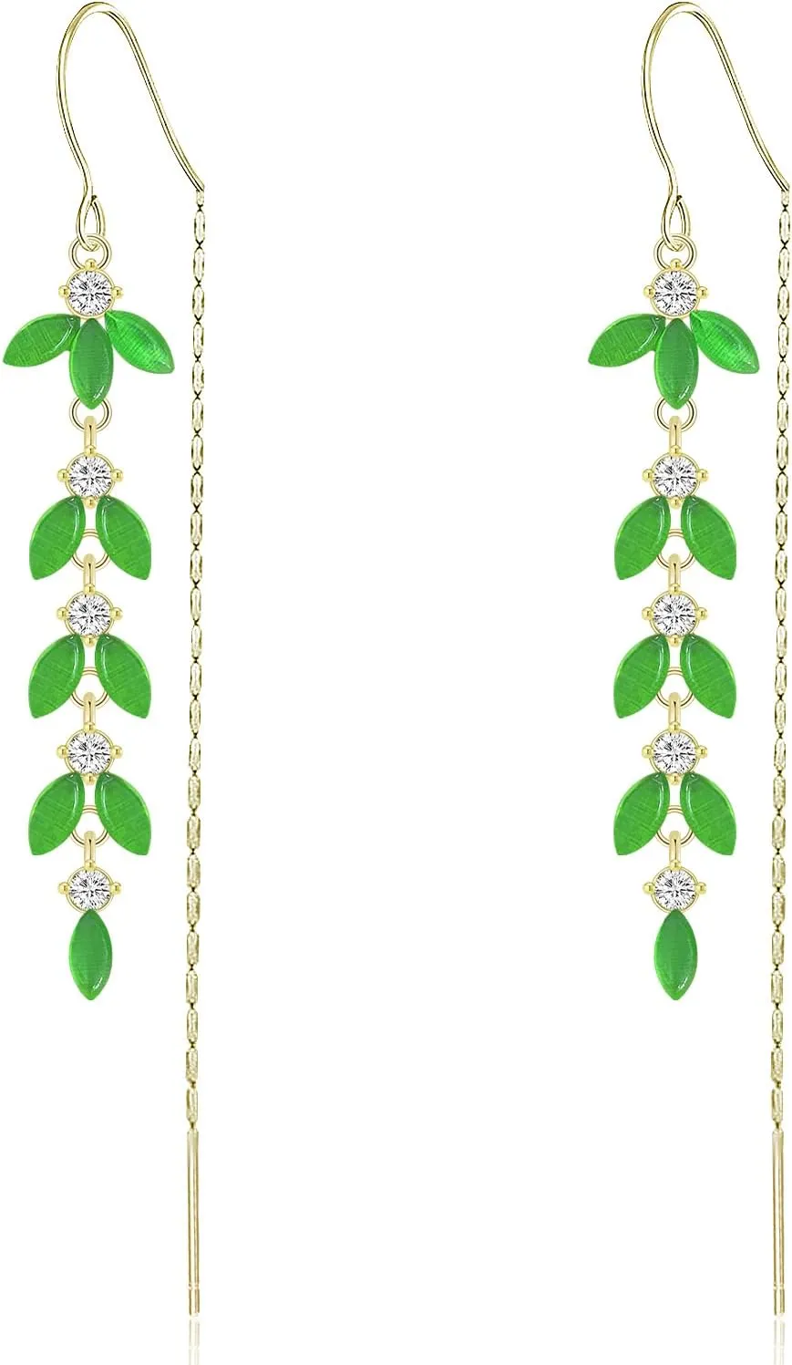 Unique Green Crystal Leaf Chain Tassel Dangle Drop Earrings for Women White moonstone Leaf Threader Earrings Jewelry Gifts