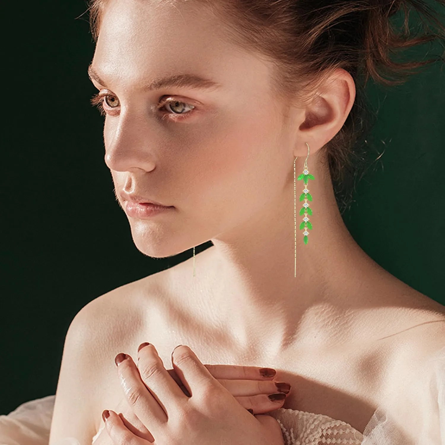 Unique Green Crystal Leaf Chain Tassel Dangle Drop Earrings for Women White moonstone Leaf Threader Earrings Jewelry Gifts