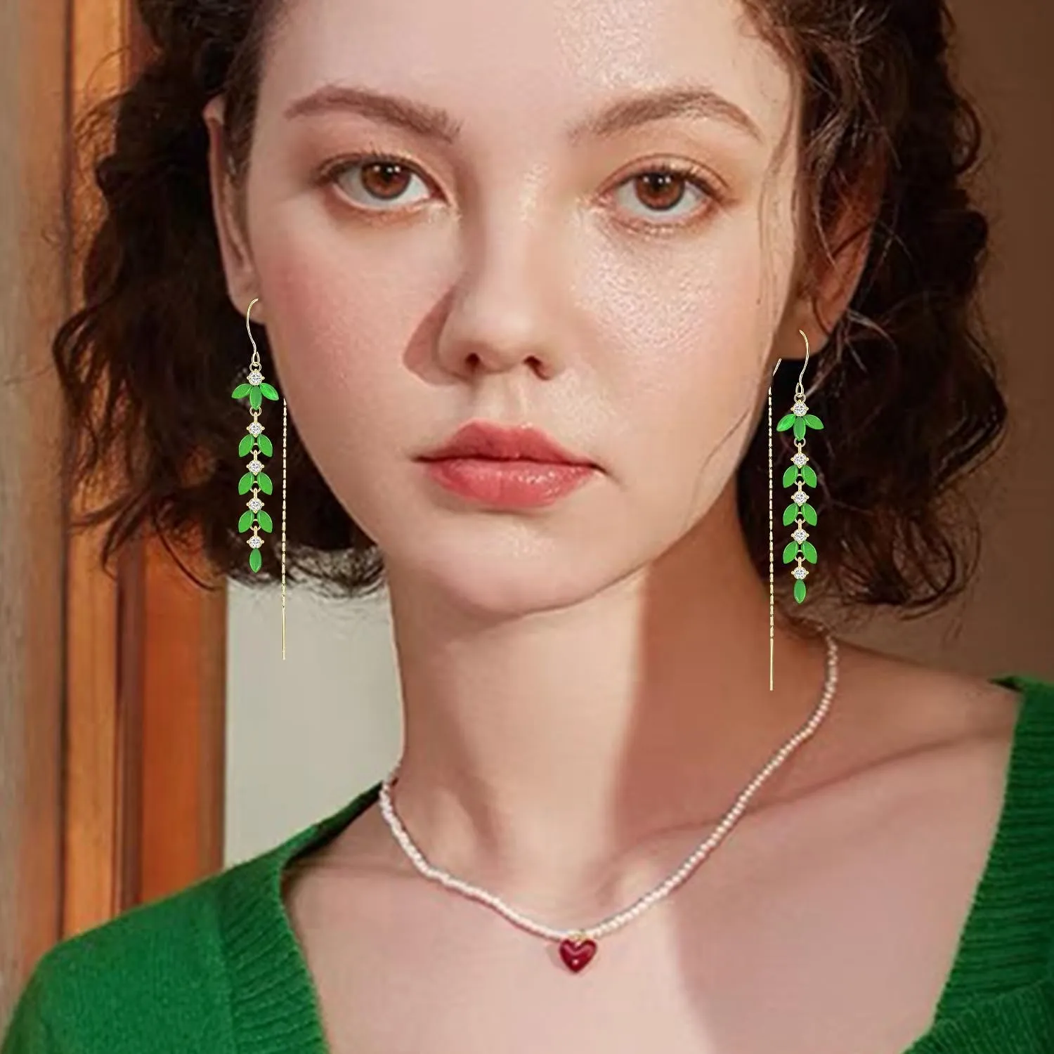 Unique Green Crystal Leaf Chain Tassel Dangle Drop Earrings for Women White moonstone Leaf Threader Earrings Jewelry Gifts