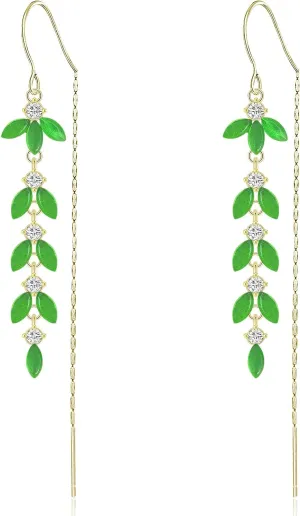 Unique Green Crystal Leaf Chain Tassel Dangle Drop Earrings for Women White moonstone Leaf Threader Earrings Jewelry Gifts