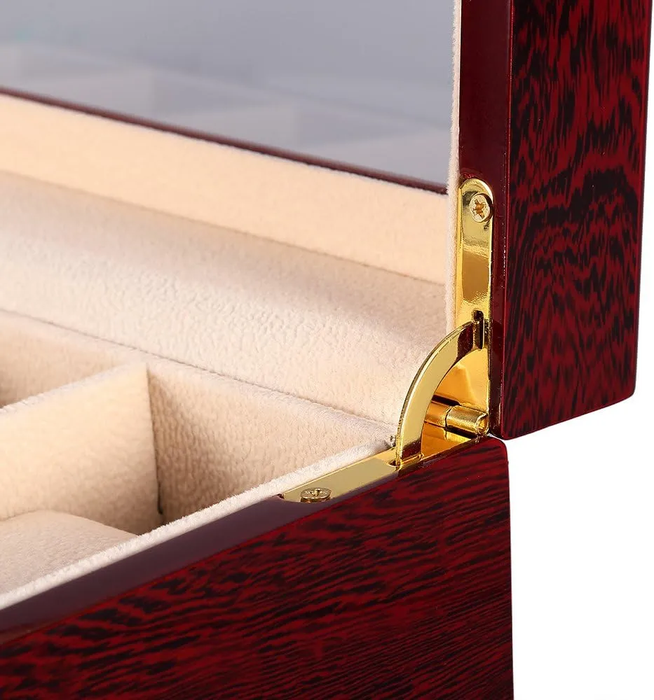 Uten Watch Box, 6 Slot Watch Case, Watch Holder with Glass Lid, Wooden Watch Case with Removable Watch Pillow, Metal Clasp Watch Display., brown,peach,clear