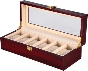 Uten Watch Box, 6 Slot Watch Case, Watch Holder with Glass Lid, Wooden Watch Case with Removable Watch Pillow, Metal Clasp Watch Display., brown,peach,clear