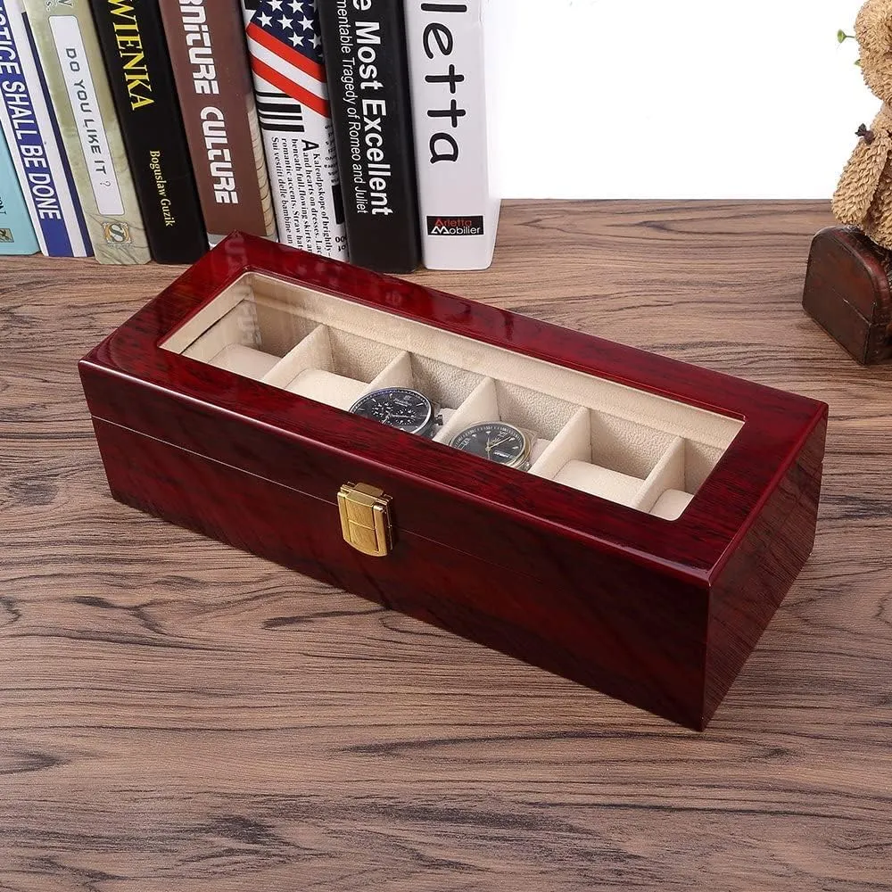 Uten Watch Box, 6 Slot Watch Case, Watch Holder with Glass Lid, Wooden Watch Case with Removable Watch Pillow, Metal Clasp Watch Display., brown,peach,clear