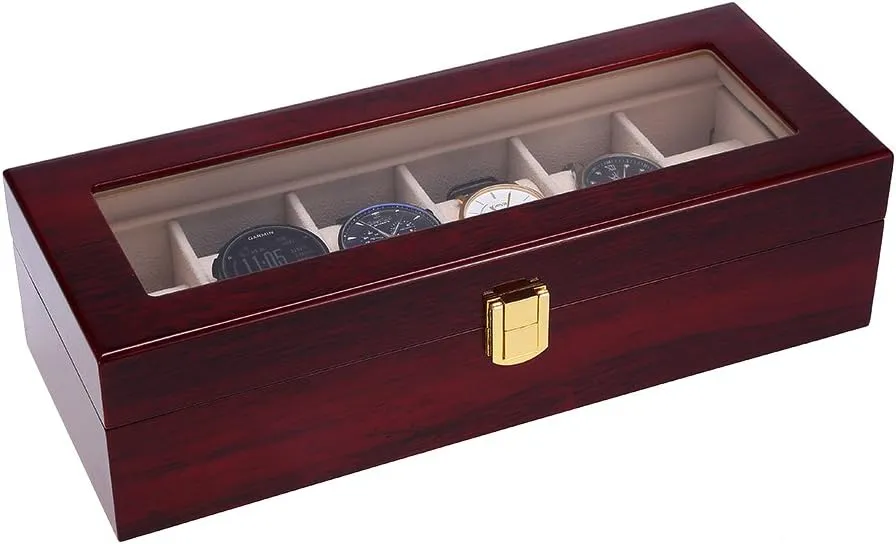 Uten Watch Box, 6 Slot Watch Case, Watch Holder with Glass Lid, Wooden Watch Case with Removable Watch Pillow, Metal Clasp Watch Display., brown,peach,clear