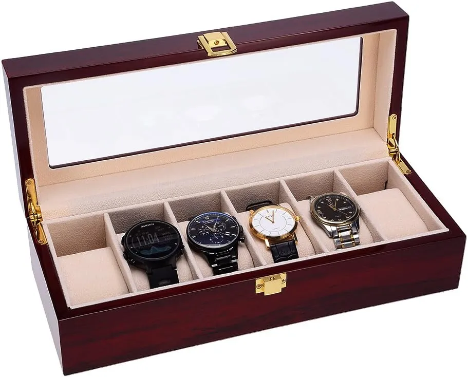 Uten Watch Box, 6 Slot Watch Case, Watch Holder with Glass Lid, Wooden Watch Case with Removable Watch Pillow, Metal Clasp Watch Display., brown,peach,clear