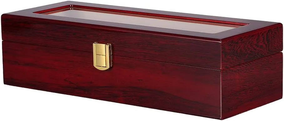 Uten Watch Box, 6 Slot Watch Case, Watch Holder with Glass Lid, Wooden Watch Case with Removable Watch Pillow, Metal Clasp Watch Display., brown,peach,clear
