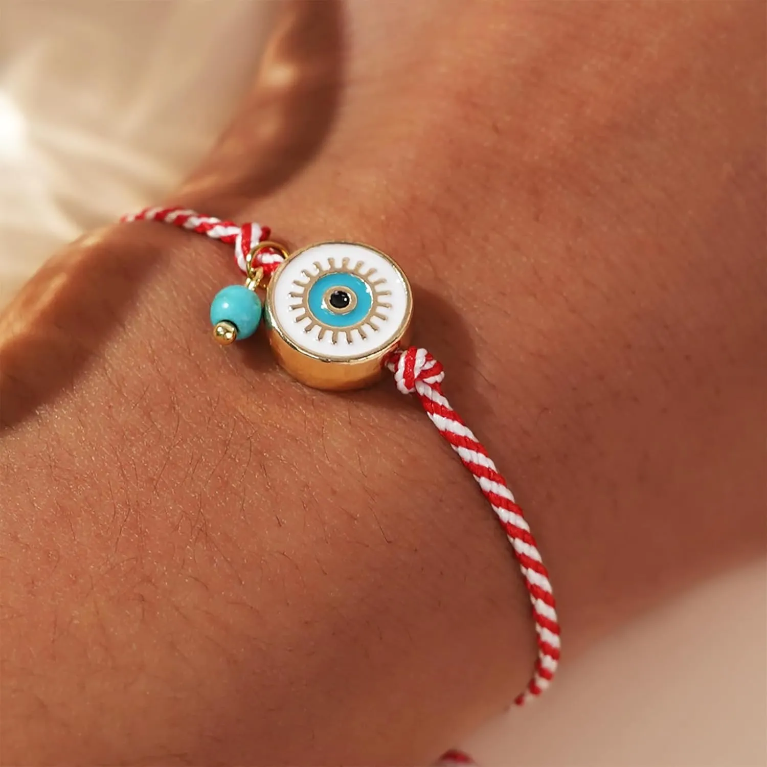 Valentines Day Gold Blue Evil Eye Simulated Turquoise Beaded Charm Braided Bracelets for Women