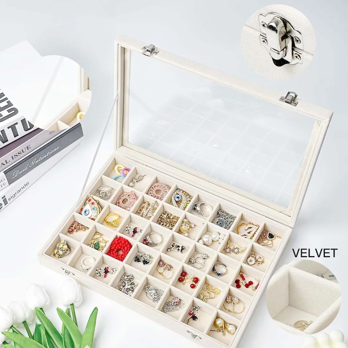 Velvet 40 Grid Jewelry Organizer Display Box with Transparent lid Earring Organizer, Earring Display Case Jewelry Organizer For Ring,Earring,Gift for Girls Women(40 Grid-White)