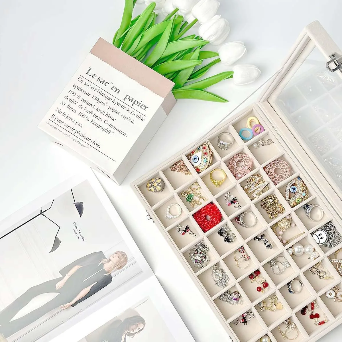 Velvet 40 Grid Jewelry Organizer Display Box with Transparent lid Earring Organizer, Earring Display Case Jewelry Organizer For Ring,Earring,Gift for Girls Women(40 Grid-White)