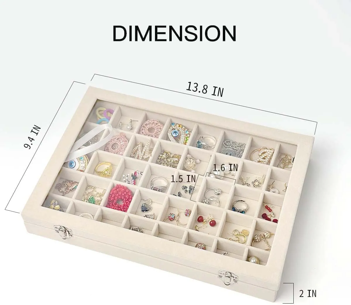 Velvet 40 Grid Jewelry Organizer Display Box with Transparent lid Earring Organizer, Earring Display Case Jewelry Organizer For Ring,Earring,Gift for Girls Women(40 Grid-White)