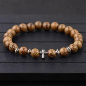 VIGANI 1 Pc Yoga Rosary Bracelet Natural Sandalwood Beads Buddhist Prayer Bracelets Vintage Jewelry-OM (Color : Om) (Color : Cross Metal)