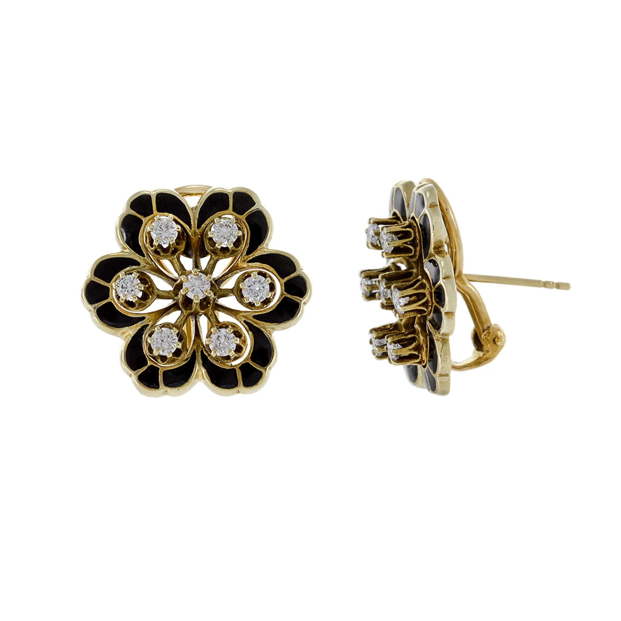 Vintage 1960s 14KT Yellow Gold Enamel and Diamond Flower Earrings