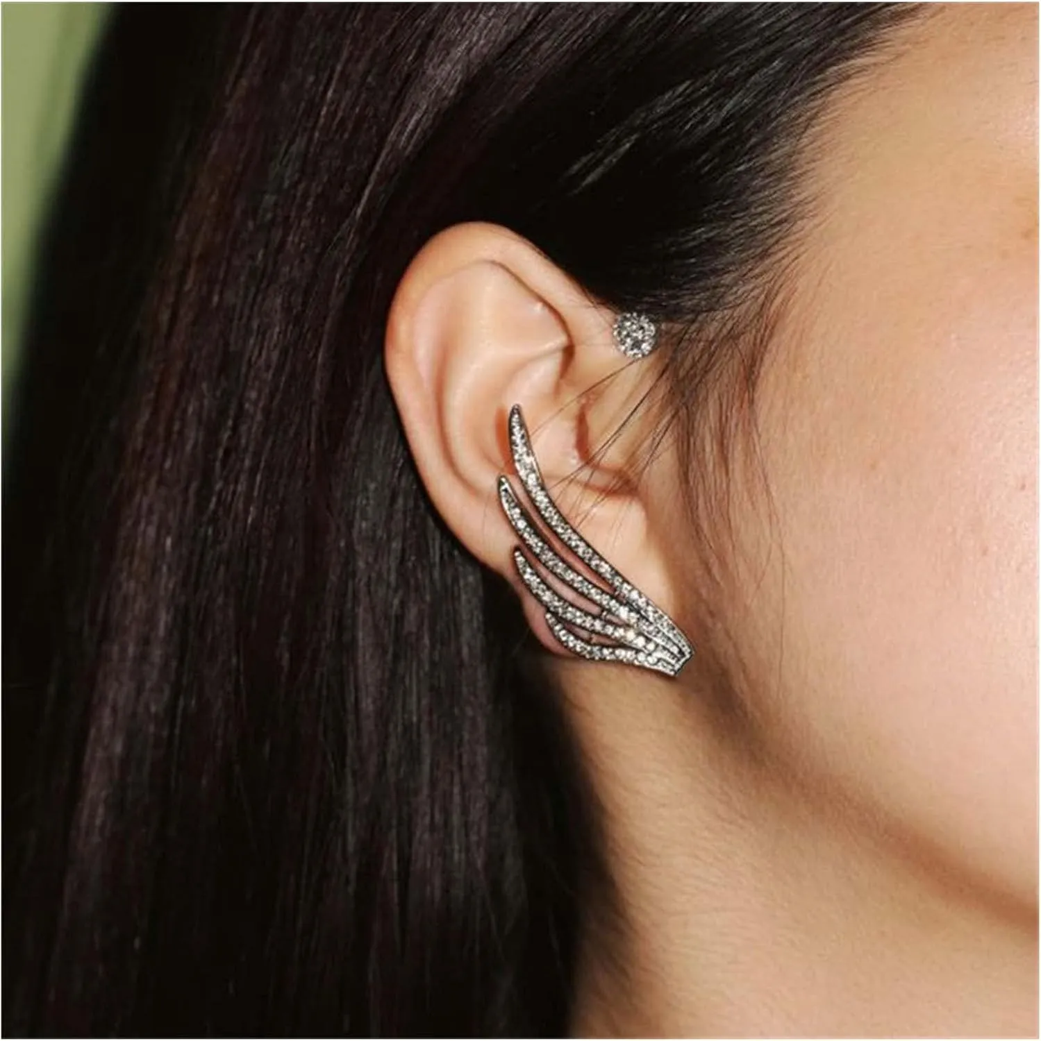 Vintage Crystal Angel Wing Ear Cuff Earrings Rhinestone Wing Cartilage Earrings Angel Wing Cuff Climber Earrings Silver Cz Wing Ear Wrap Around Earrings Jewelry for Women (Left)