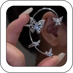 Vintage Crystal Butterfly Ear Cuffs 1 Pair Sparkling Rhinestone Maple Leaf Heart Non-pierced Ear Wrap Cartilage Climber Clip on Earrings (Silver hollow butterfly)