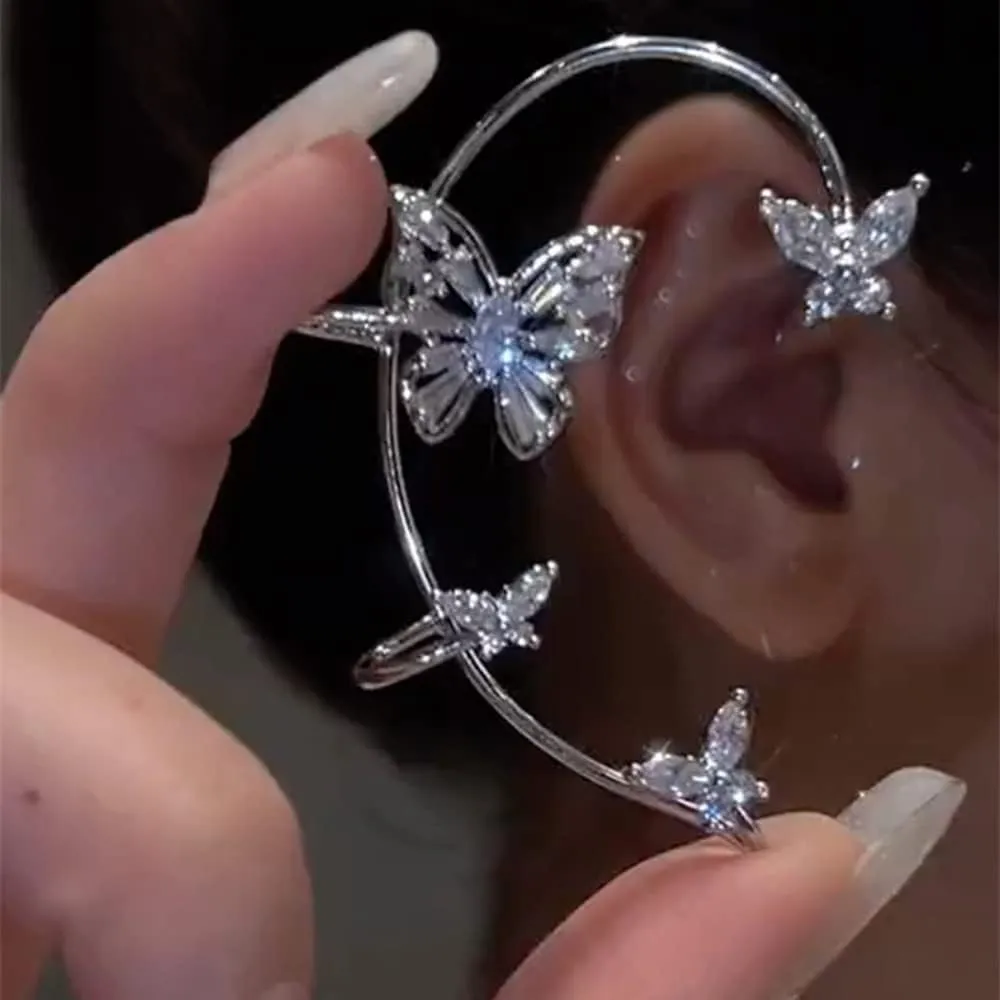 Vintage Crystal Butterfly Ear Cuffs 1 Pair Sparkling Rhinestone Maple Leaf Heart Non-pierced Ear Wrap Cartilage Climber Clip on Earrings (Silver hollow butterfly)