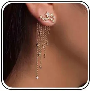 Vintage Crystal Star Ear Jacket Earrings Rhinestone Star Ear Climber Earrings Cz Shooting Star Drop Earrings Gold Long Chain Dangle Earrings Jewelry for Women (Gold)