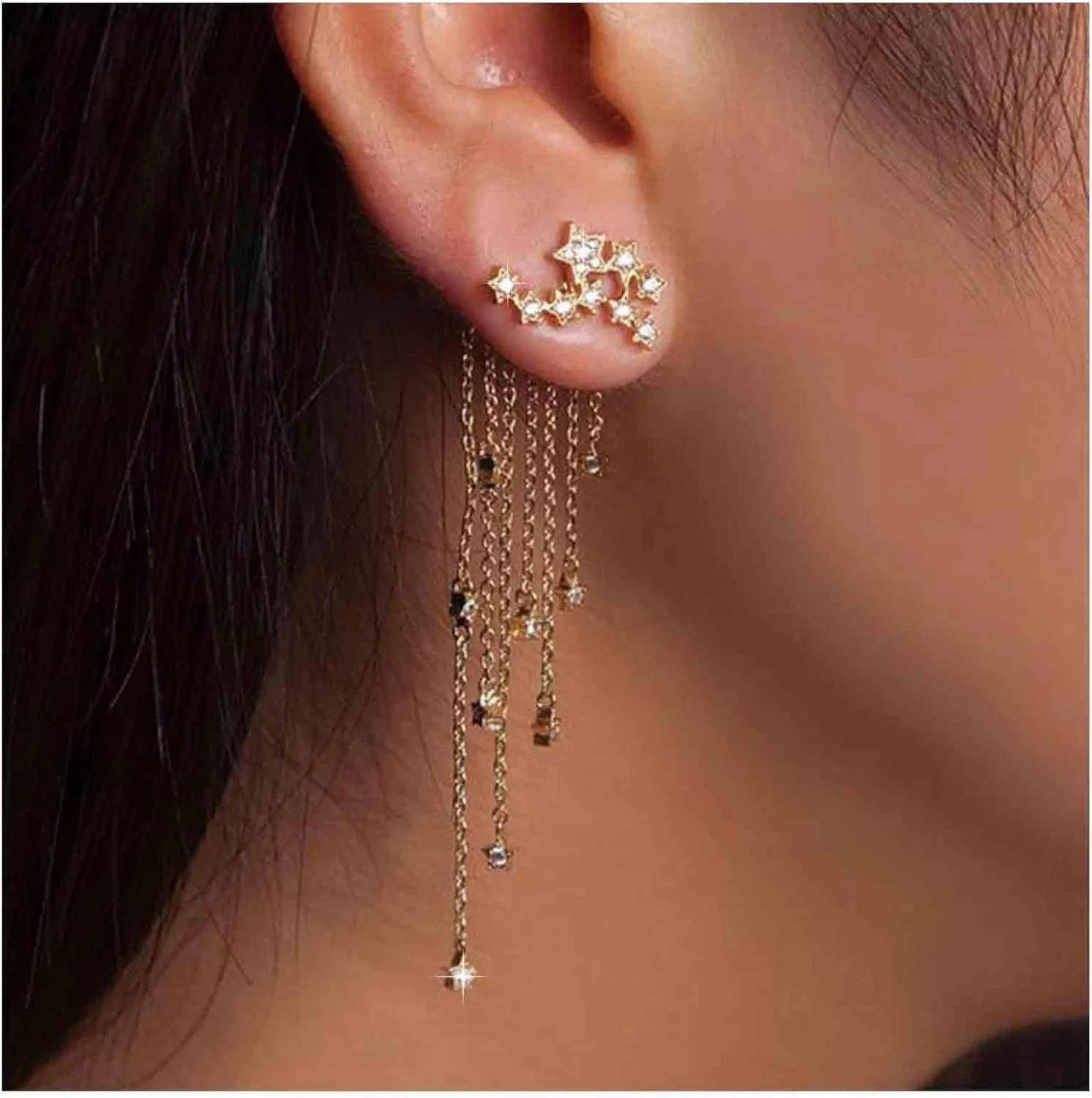 Vintage Crystal Star Ear Jacket Earrings Rhinestone Star Ear Climber Earrings Cz Shooting Star Drop Earrings Gold Long Chain Dangle Earrings Jewelry for Women (Gold)