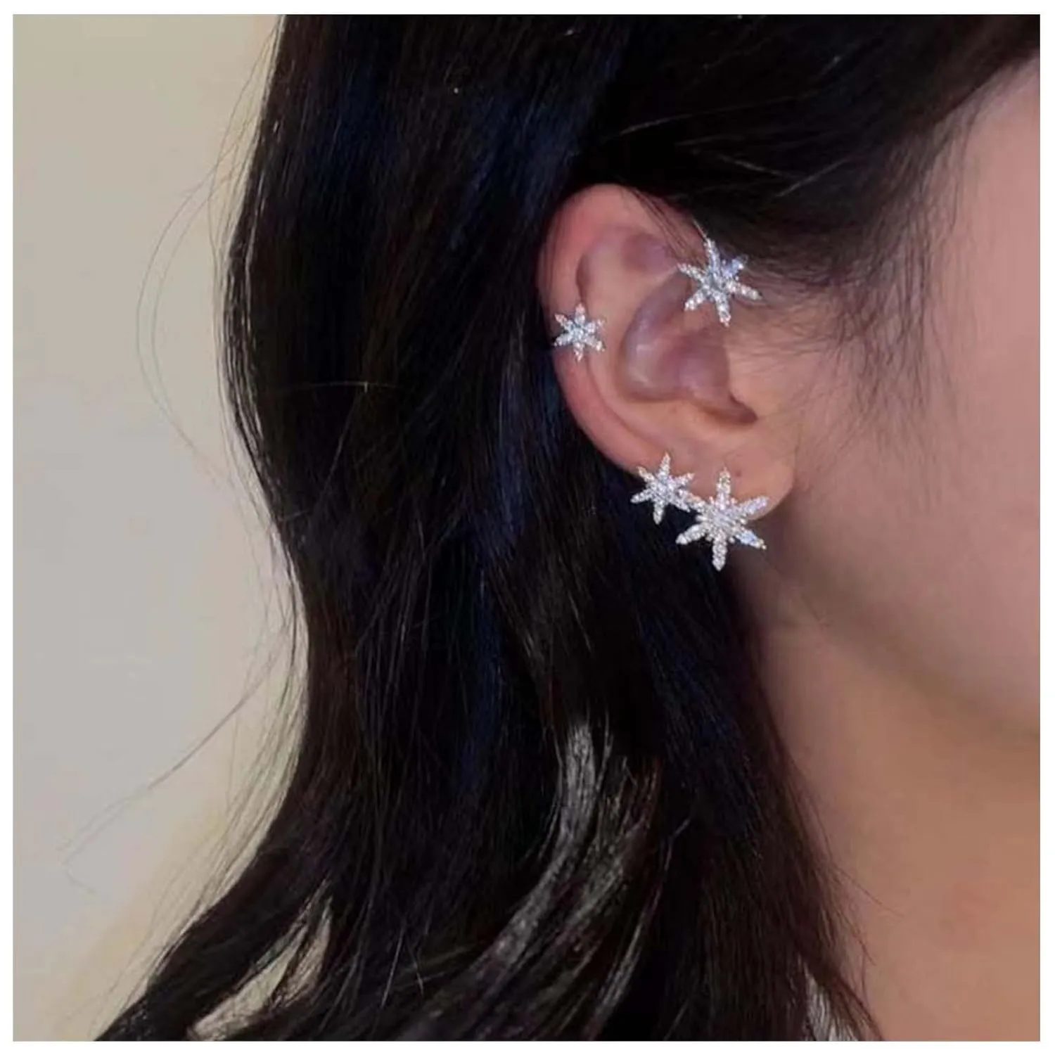 Vintage Cz Snowflake Ear Cuff Earrings Zircon Flower Ear Climber Crawler Earrings Silver Flower Cuffs Wrap Earrings No Piercing Clip on Earrings Jewelry