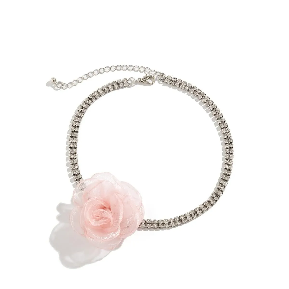Vintage Flower Rhinestone Choker Necklace Sparkling Crystal Double Layered Claw Chain Collar Necklace with Artificial Flower Dainty Accessories for Women (Pink)