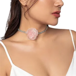Vintage Flower Rhinestone Choker Necklace Sparkling Crystal Double Layered Claw Chain Collar Necklace with Artificial Flower Dainty Accessories for Women (Pink)