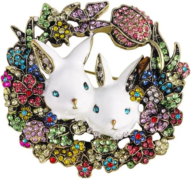 Vintage Rabbit Rhinestone Wreath Brooch Lapel Pins for Women Girls Fashion Crystal Bunny Animal Bff Brooches Pin Dainty Cute Easter Day Party Friendship Clothes Accessory Jewelry Christmas Birthday