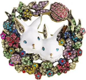 Vintage Rabbit Rhinestone Wreath Brooch Lapel Pins for Women Girls Fashion Crystal Bunny Animal Bff Brooches Pin Dainty Cute Easter Day Party Friendship Clothes Accessory Jewelry Christmas Birthday