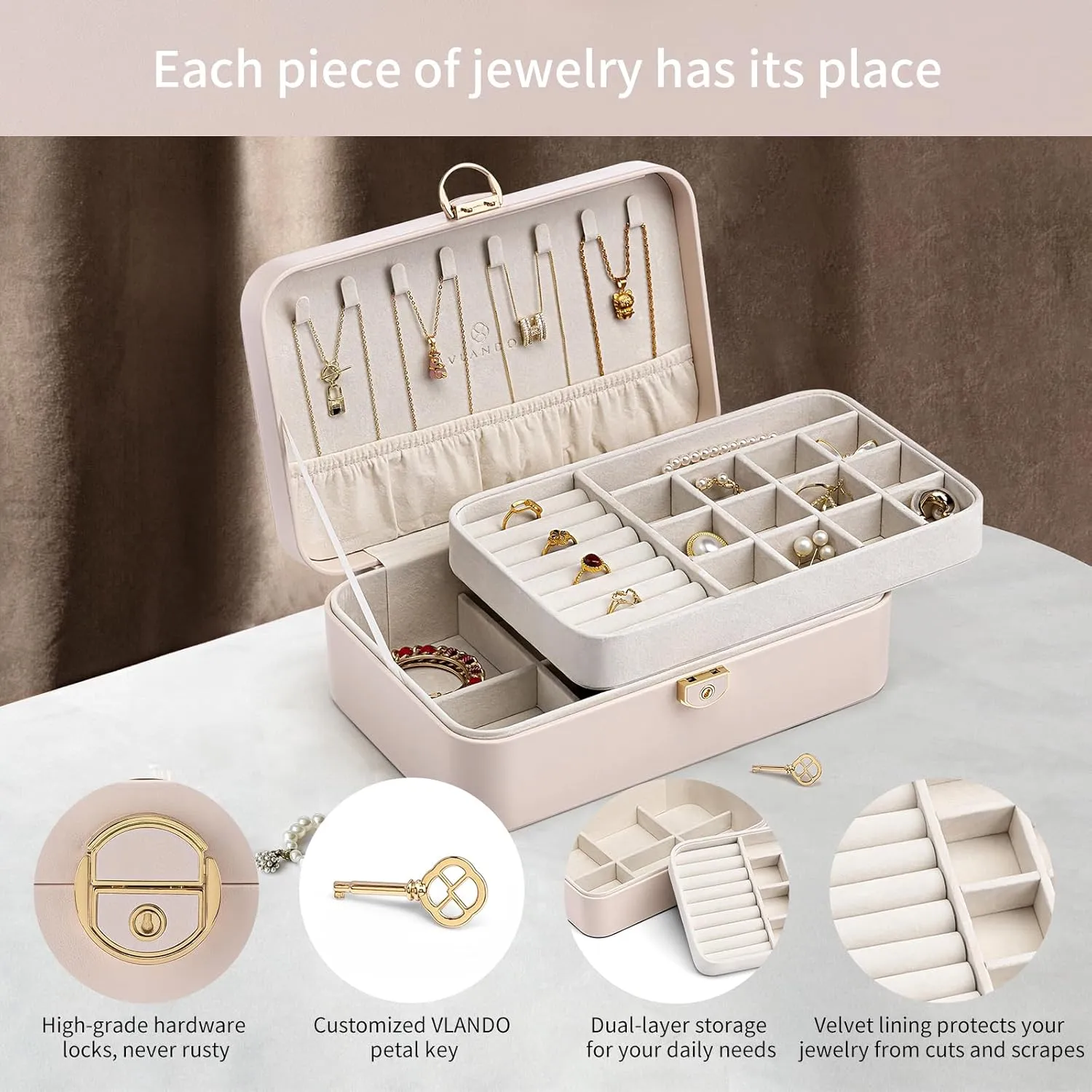 Vlando 2-Layer Jewelry Box,Valentines Day Gifts for Her Jewelry Organizer for Women Removable Jewelry Tray for Earrings Necklace,Gift Ideas,Birthday Graduation Gifts Apricot Pink