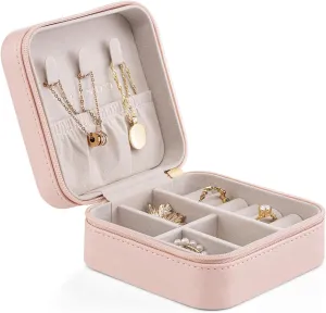 Vlando Small Faux Leather Travel Jewelry Box Organizer Display Storage Case for Rings Earrings Necklace, Pink