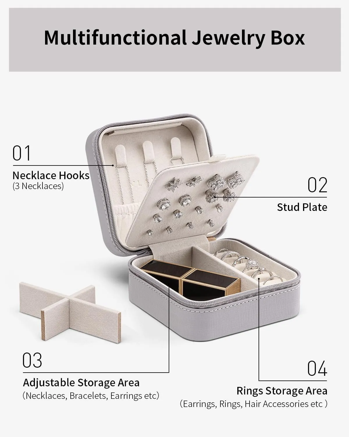 Vlando Travel Jewelry Case, Small Travel Jewelry Organizer Box for Girls Women - Grey