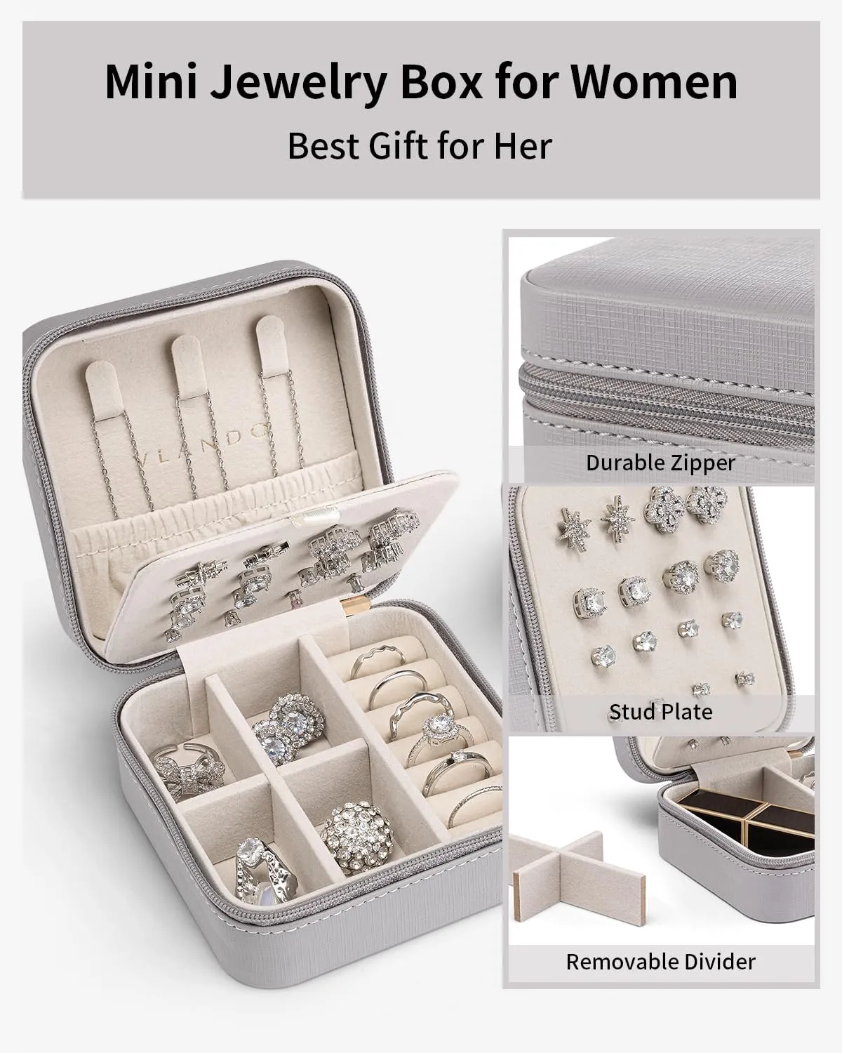 Vlando Travel Jewelry Case, Small Travel Jewelry Organizer Box for Girls Women - Grey