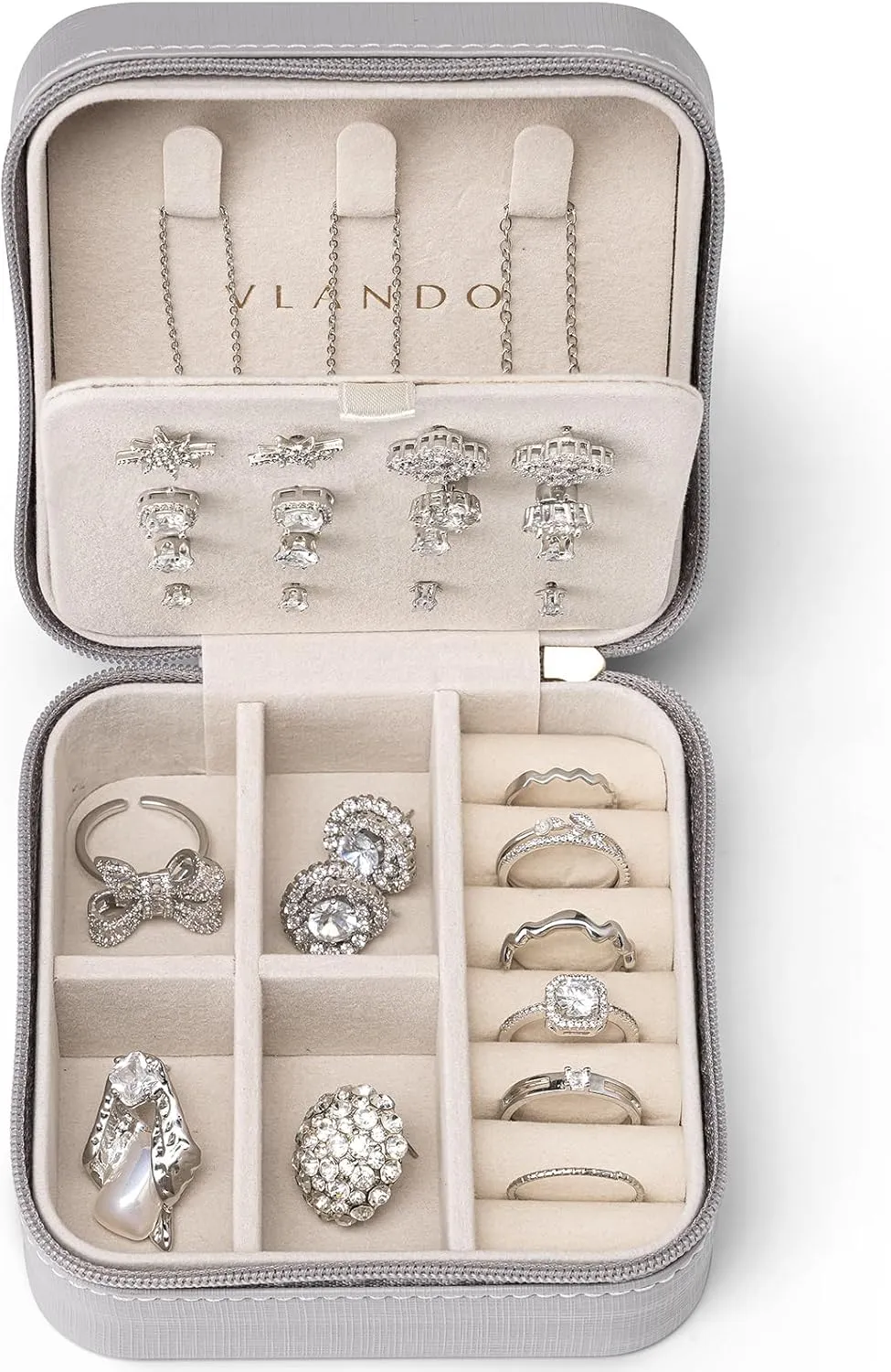 Vlando Travel Jewelry Case, Small Travel Jewelry Organizer Box for Girls Women - Grey