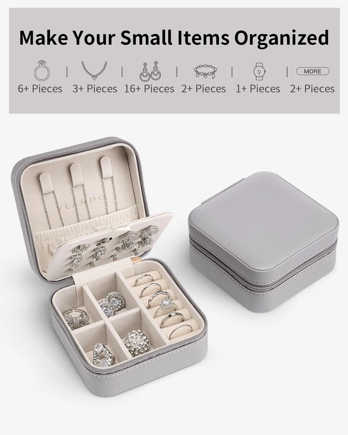 Vlando Travel Jewelry Case, Small Travel Jewelry Organizer Box for Girls Women - Grey