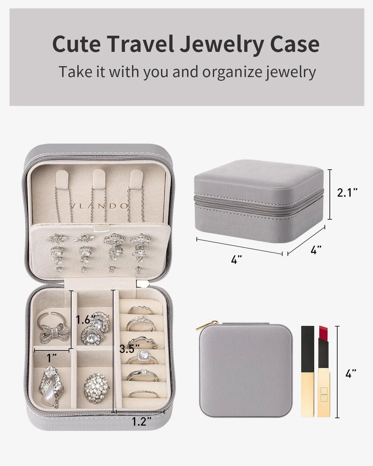 Vlando Travel Jewelry Case, Small Travel Jewelry Organizer Box for Girls Women - Grey