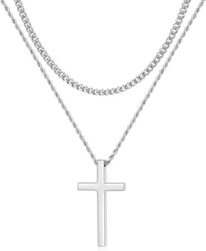 VQYSKO Cross Necklace for Men Women, CZ 14k Gold Plated Stainless Steel Plain Simple Cross Pendant Necklace for Men