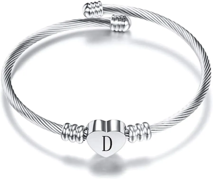 VQYSKO Silver Heart Initials Bracelet-A-Z Stainless Steel Engraved Charm Bracelet, Woman Jewelry Birthday Festival Gift