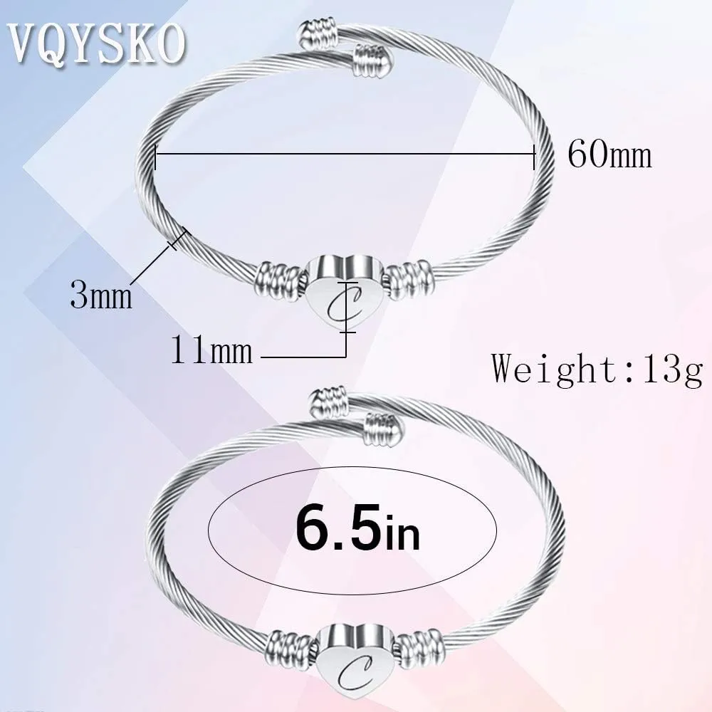 VQYSKO Silver Heart Initials Bracelet-A-Z Stainless Steel Engraved Charm Bracelet, Woman Jewelry Birthday Festival Gift
