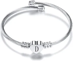 VQYSKO Silver Heart Initials Bracelet-A-Z Stainless Steel Engraved Charm Bracelet, Woman Jewelry Birthday Festival Gift