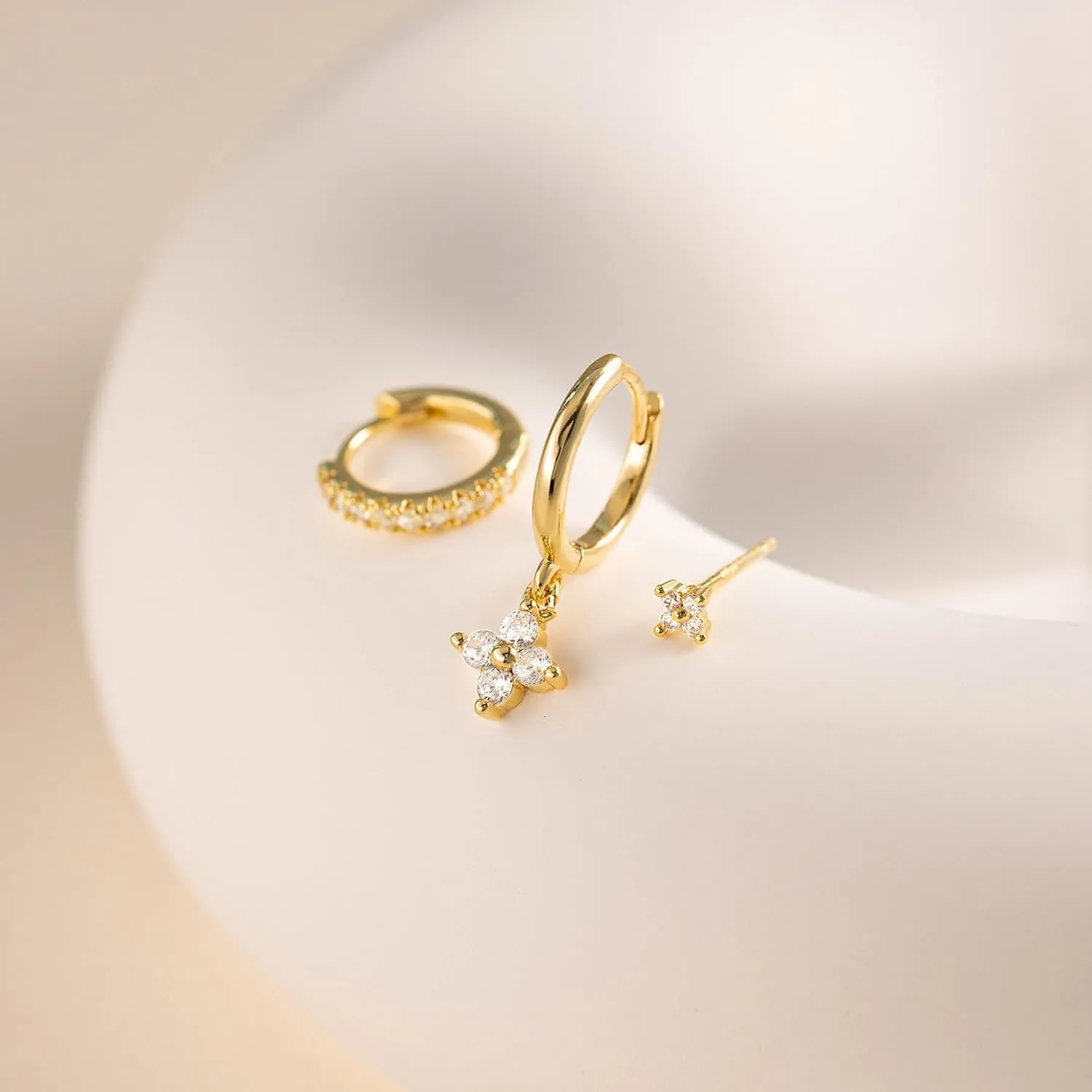 VRIUA 3 Pairs Gold Earrings Set - 14K Gold Plated Stacks Earring Bow Pearl Butterfly Heart Clover Star Moon Diamond Starburst Huggie Hoop Earrings for Women Trendy Jewelry