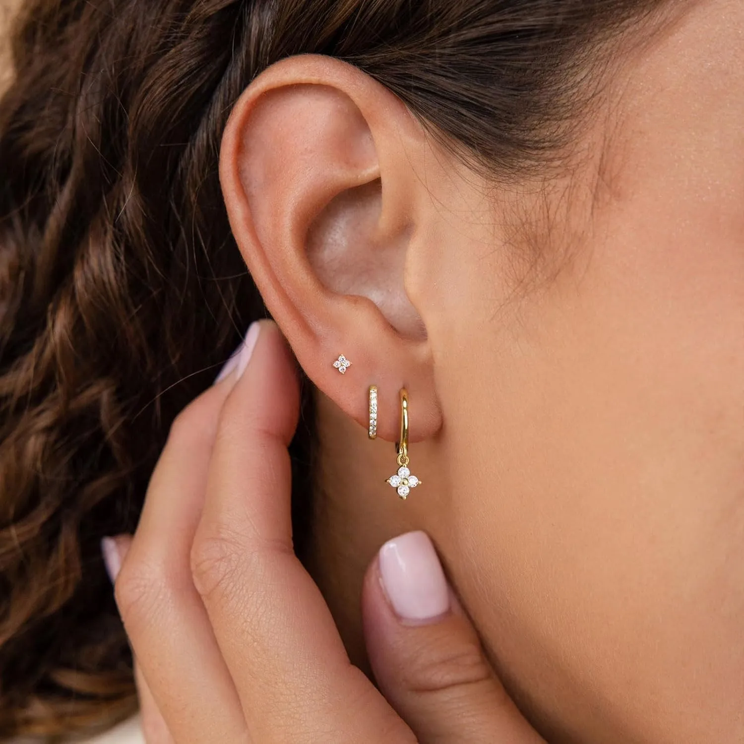 VRIUA 3 Pairs Gold Earrings Set - 14K Gold Plated Stacks Earring Bow Pearl Butterfly Heart Clover Star Moon Diamond Starburst Huggie Hoop Earrings for Women Trendy Jewelry