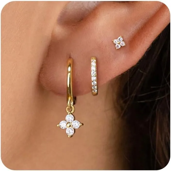 VRIUA 3 Pairs Gold Earrings Set - 14K Gold Plated Stacks Earring Bow Pearl Butterfly Heart Clover Star Moon Diamond Starburst Huggie Hoop Earrings for Women Trendy Jewelry