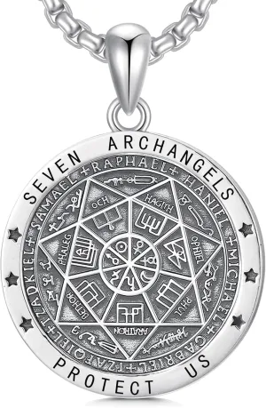 Wasee Seal of Seven Archangels Pendant Necklace For Men 925 Sterling Silver Protection Amulet Archangel Michael Pendant Necklace Gabriel Uriel Spiritual Medal Necklace with 3.0mm 22 2 In Rolo Chain