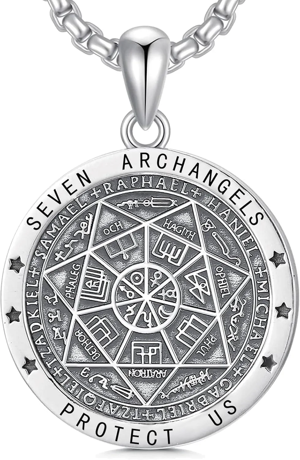 Wasee Seal of Seven Archangels Pendant Necklace For Men 925 Sterling Silver Protection Amulet Archangel Michael Pendant Necklace Gabriel Uriel Spiritual Medal Necklace with 3.0mm 22 2 In Rolo Chain