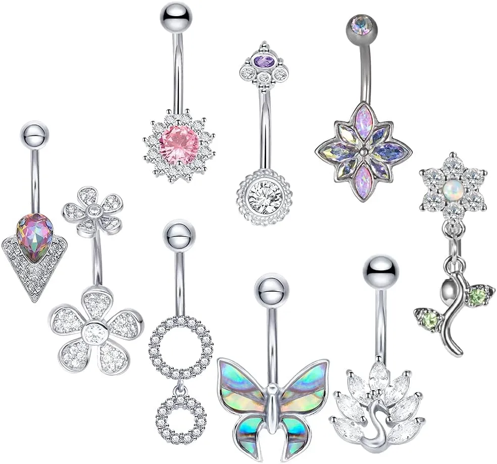 WASOLIE One Set 14G Stainless Steel Body Piercing Jewelry Belly Rings Pack Surgical Steel Rings for Women.
