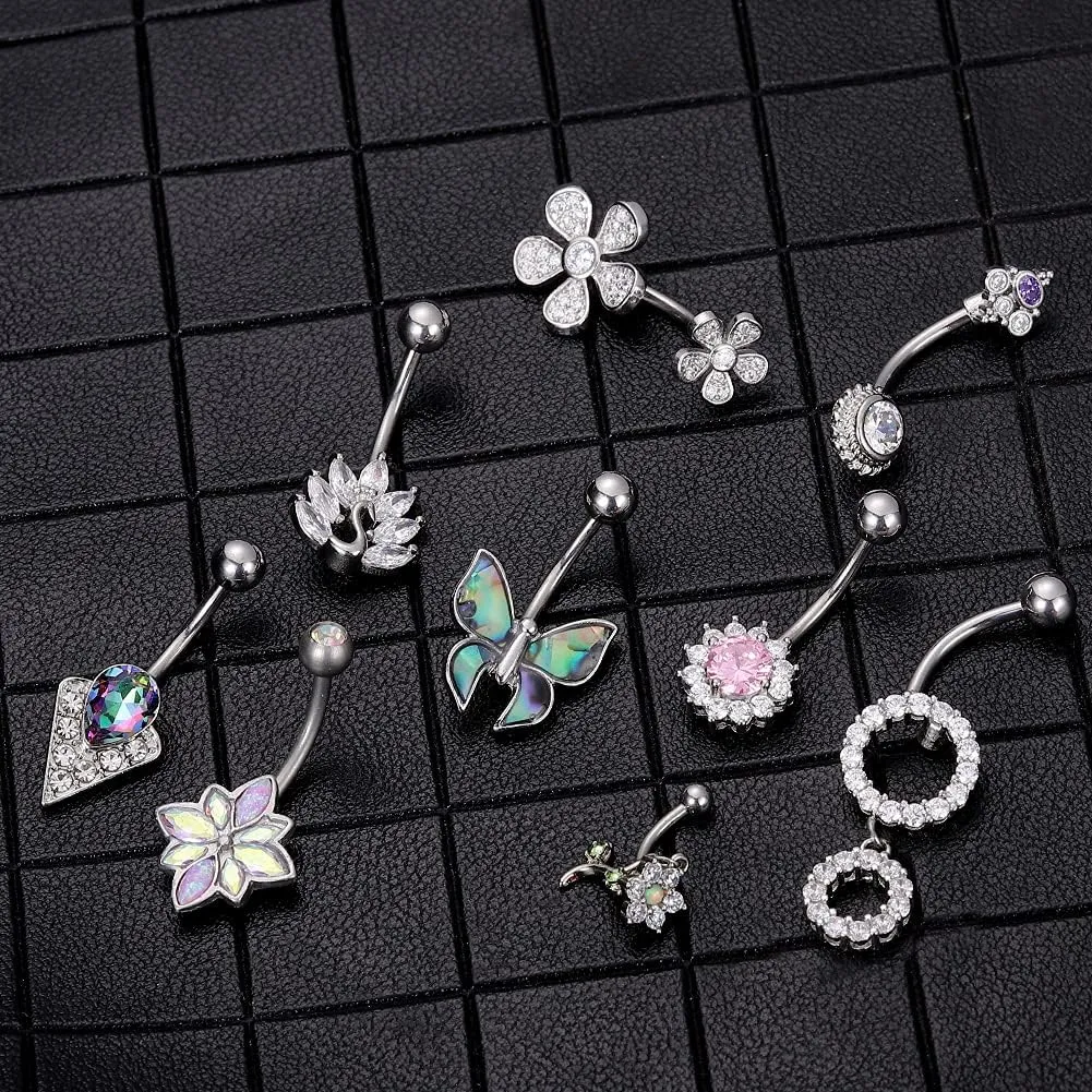 WASOLIE One Set 14G Stainless Steel Body Piercing Jewelry Belly Rings Pack Surgical Steel Rings for Women.