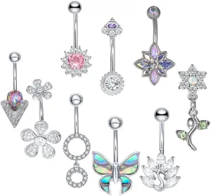 WASOLIE One Set 14G Stainless Steel Body Piercing Jewelry Belly Rings Pack Surgical Steel Rings for Women.