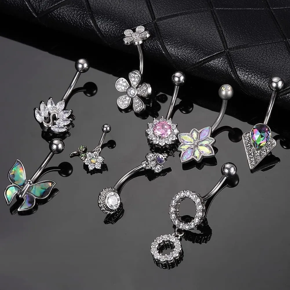 WASOLIE One Set 14G Stainless Steel Body Piercing Jewelry Belly Rings Pack Surgical Steel Rings for Women.