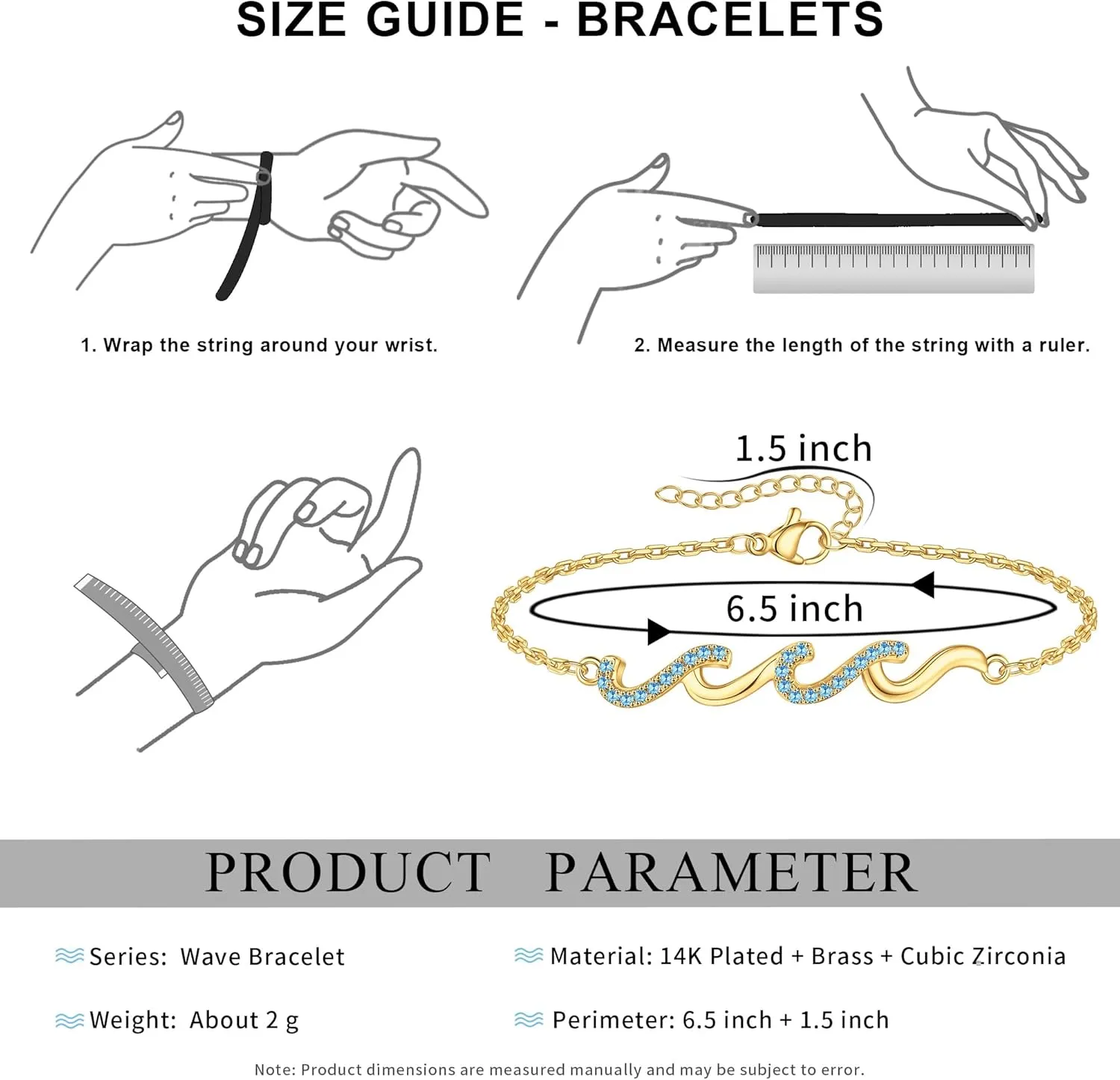 Wave Bracelet - Birthday Gifts for Women, Gifts for Women Bestie Sister Mom Daughter Wife Girlfriend Grandma Aunt, 14K Gold/White Gold Plated Wave Bracelet Beach Jewelry Meaningful Friendship Gift